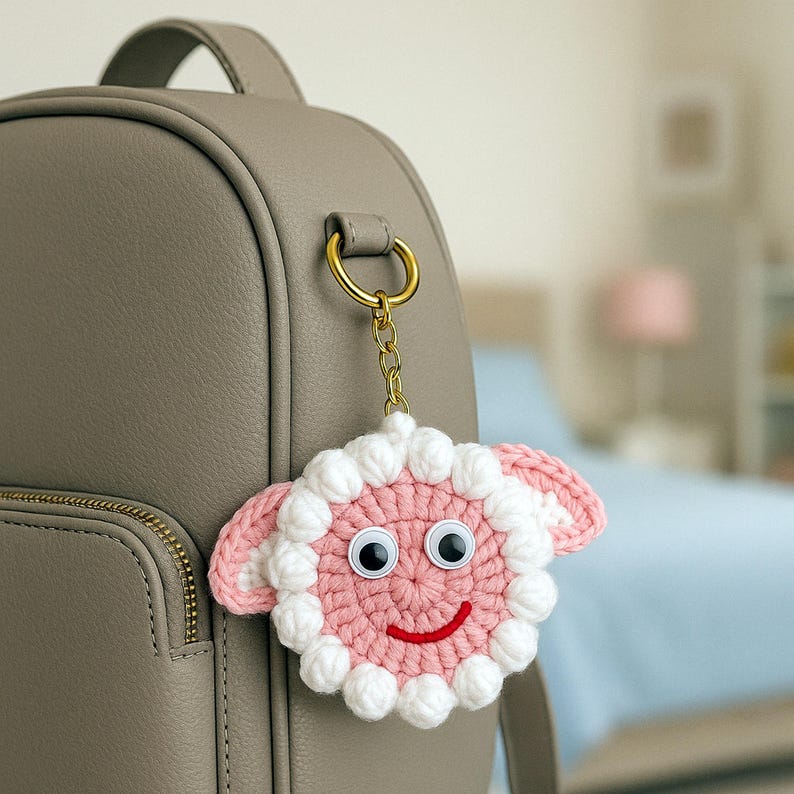 Sheep Face Crochet Keychain Pattern PDF Fluffy Round Smiley Applique Bag Charm Tutorial, English & German image 7