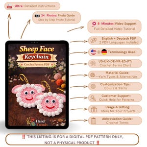 Sheep Face Crochet Keychain Pattern PDF Fluffy Round Smiley Applique Bag Charm Tutorial, English & German image 15