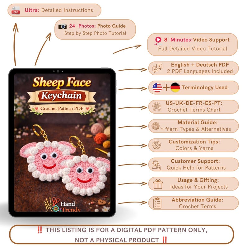 Sheep Face Crochet Keychain Pattern PDF Fluffy Round Smiley Applique Bag Charm Tutorial, English & German image 15