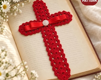 May include: A red crochet cross bookmark featuring a scalloped edge design, adorned with a red satin ribbon bow and a central white pearl-like bead. The item is labeled as a PDF PATTERN in the upper right corner of the image.