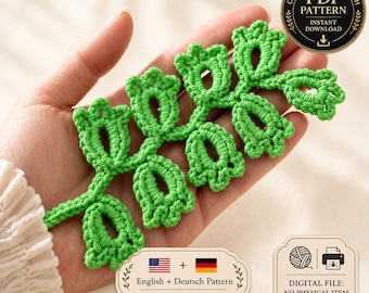 Crochet Leaf Branch Pattern PDF, Decorative Vine Applique Botanical Motif Tutorial, English & German