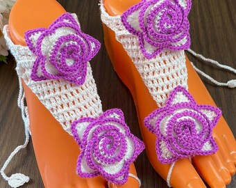 Crochet Rose Barefoot Sandals Pattern PDF, Floral Summer Beach Wedding Anklet Tutorial