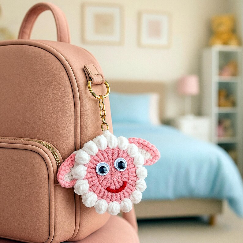 Sheep Face Crochet Keychain Pattern PDF Fluffy Round Smiley Applique Bag Charm Tutorial, English & German image 8