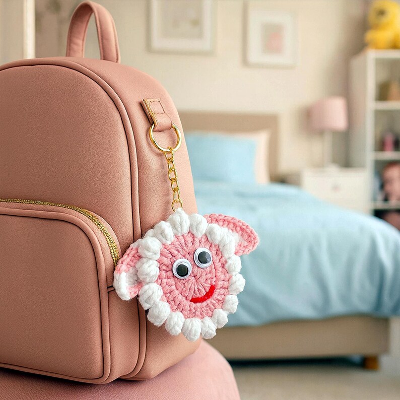 Sheep Face Crochet Keychain Pattern PDF Fluffy Round Smiley Applique Bag Charm Tutorial, English & German image 9