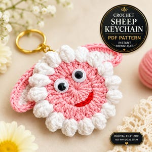 Sheep Face Crochet Keychain Pattern PDF Fluffy Round Smiley Applique Bag Charm Tutorial, English & German image 1