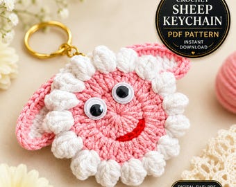 Sheep Face Crochet Keychain Pattern PDF Fluffy Round Smiley Applique Bag Charm Tutorial, English & German