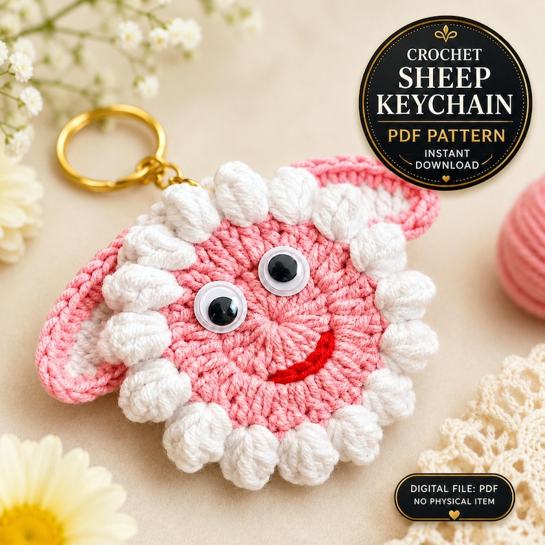 Sheep Face Crochet Keychain Pattern PDF Fluffy Round Smiley Applique Bag Charm Tutorial, English & German image 1
