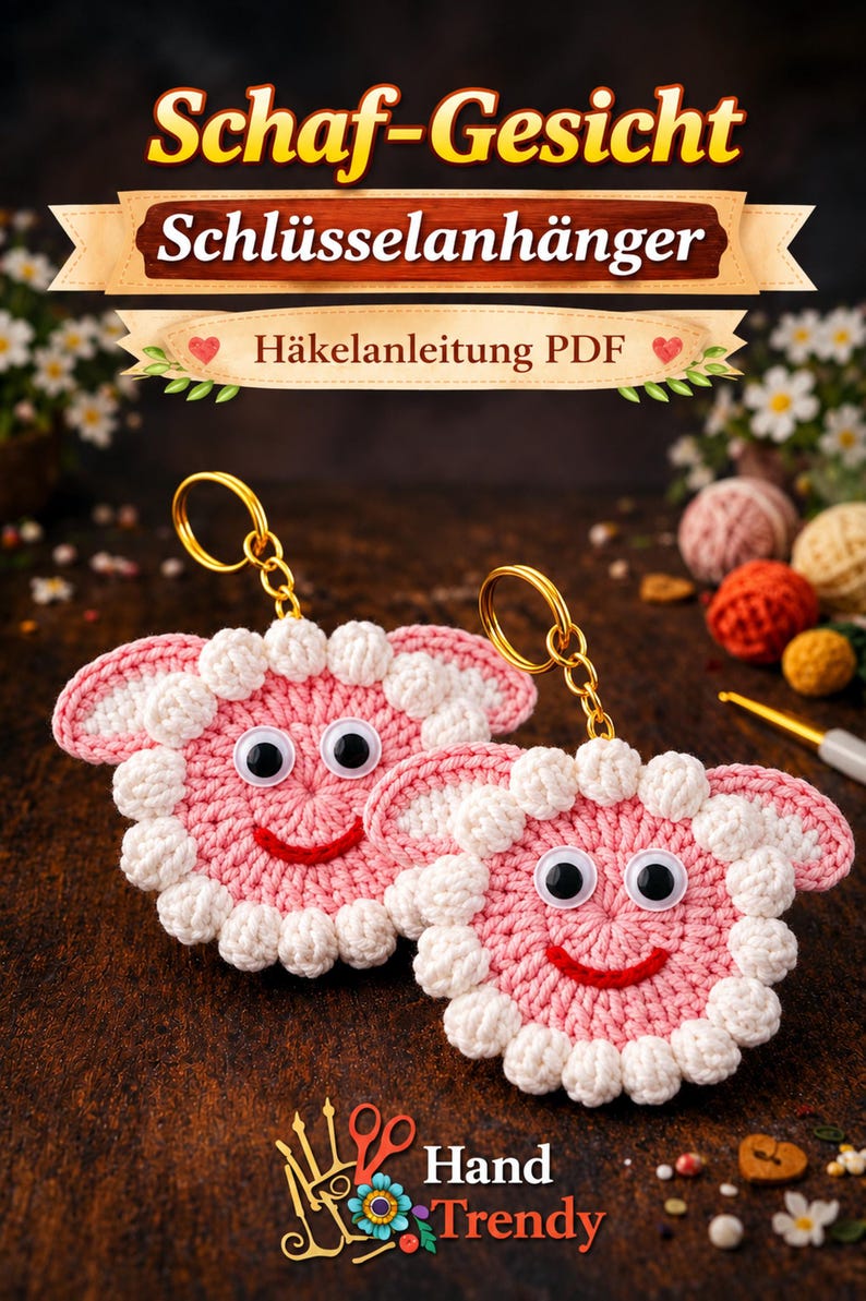 Sheep Face Crochet Keychain Pattern PDF Fluffy Round Smiley Applique Bag Charm Tutorial, English & German image 16