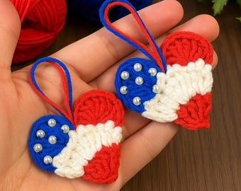 Crochet American Flag Heart Pattern PDF, Patriotic Mini Heart Charm, USA Flag Ornament