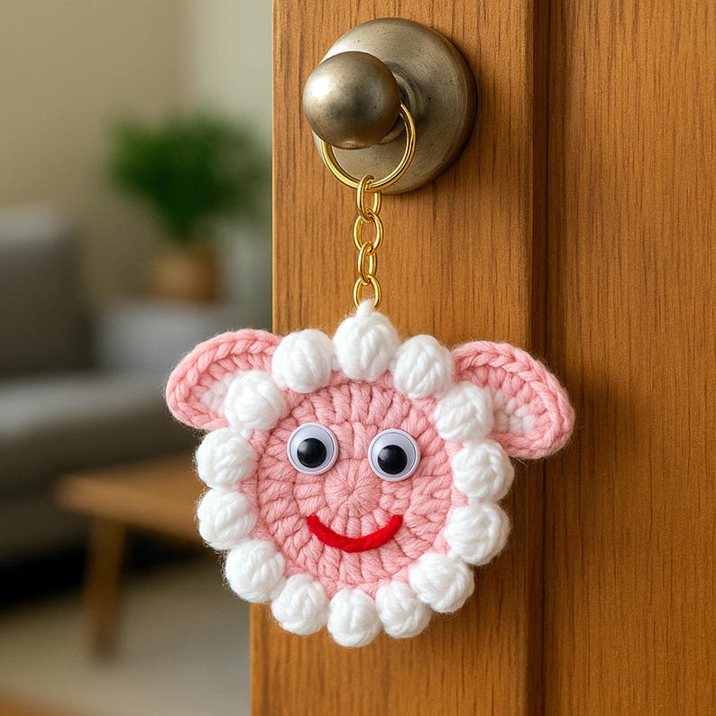 Sheep Face Crochet Keychain Pattern PDF Fluffy Round Smiley Applique Bag Charm Tutorial, English & German image 3