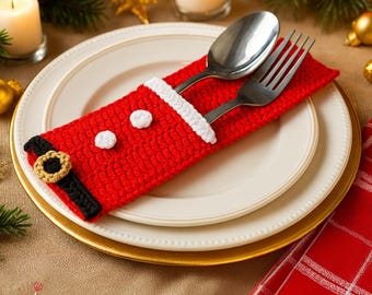 Modèle PDF de porte-couverts Père Noël au crochet - Tutoriel - Décoration de table de Noël - Pochette à serviettes à faire soi-même
