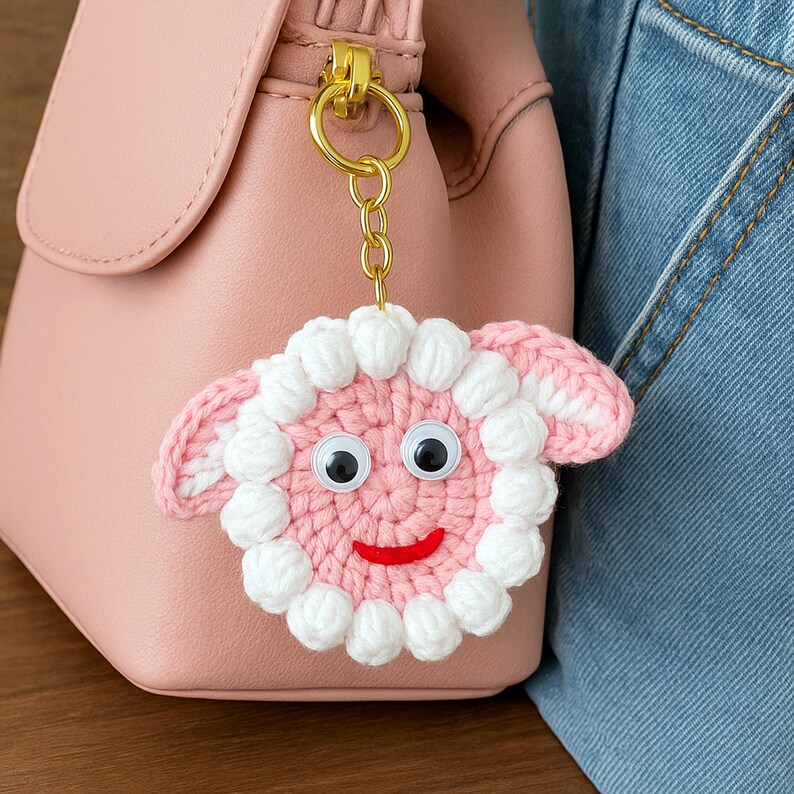 Sheep Face Crochet Keychain Pattern PDF Fluffy Round Smiley Applique Bag Charm Tutorial, English & German image 11