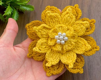 Crochet Lotus Flower Pattern PDF – 3D Layered Floral Appliqué Tutorial – Handmade Crochet Brooch or Hair Accessory