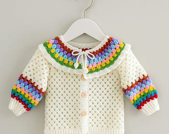Crochet Baby Cardigan Pattern PDF, Rainbow Collar Sweater Tutorial, Buttoned Infant Jacket Design, Granny Stitch Detail
