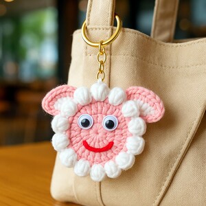 Sheep Face Crochet Keychain Pattern PDF Fluffy Round Smiley Applique Bag Charm Tutorial, English & German image 4