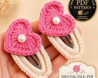 Crochet Heart Hair Clip Pattern PDF, Pearl Heart Applique Design, Cute Snap Clip Cover