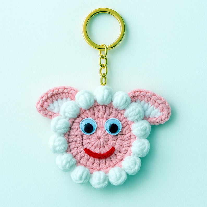 Sheep Face Crochet Keychain Pattern PDF Fluffy Round Smiley Applique Bag Charm Tutorial, English & German image 5