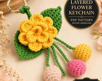 Layered Flower Keychain Pattern PDF 3D Blossom Leaf Tassel Charm Bag Accessory Tutorial