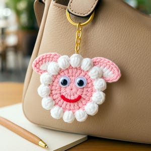 Sheep Face Crochet Keychain Pattern PDF Fluffy Round Smiley Applique Bag Charm Tutorial, English & German image 6