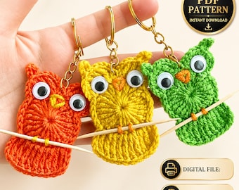 Owl Keychain Crochet Pattern PDF, Round Appliqué Bag Charm Tutorial
