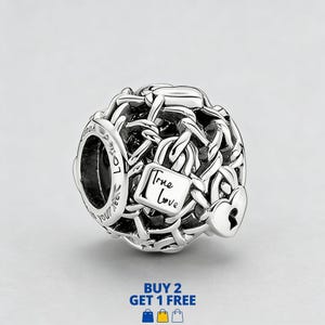 以下が含まれることがあります： 織り模様のデザインのシルバーチャーム。 「True Love」の文字が入った南京錠と鍵穴のあるハートが特徴です。 ブレスレットやネックレス用の穴があります。 側面には「Loved you then, love you now, love you forever」の文字が刻まれています。