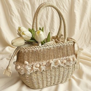 Handmade Woven Straw Bag with Lace Trim, Stylish Summer Tote for Beach & Daily Use, Unique Boho Bag Gift