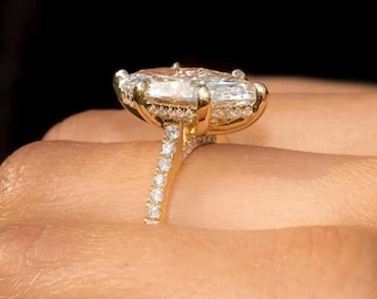 Anillo de compromiso de moissanita de corte marquesa de 4 quilates en oro macizo de 14 quilates, 6 puntas con halo oculto, conjunto catedral de corte marquesa alargado, regalos de boda para ella