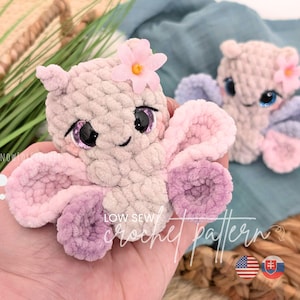 May include: Two handmade crochet octopus toys in soft pastel colors. The octopus toys have large eyes, a flower on their heads, and tentacles in shades of pink and purple. The text "LOW SEW crochet pattern" is visible.
