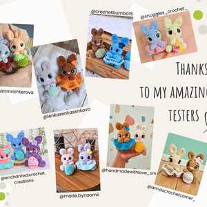 May include: A collage of handmade crochet bunny dolls in various colors, each with a unique dress and holding an egg. The image includes text that reads "THANKS TO MY AMAZING TESTERS".