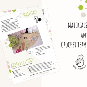 May include: A detailed image of crochet materials and terms. The image features yarn in beige, pink, and green, along with scissors, pins, and crochet hooks. Text includes "Materials and Crochet Terms" and abbreviations for crochet techniques.