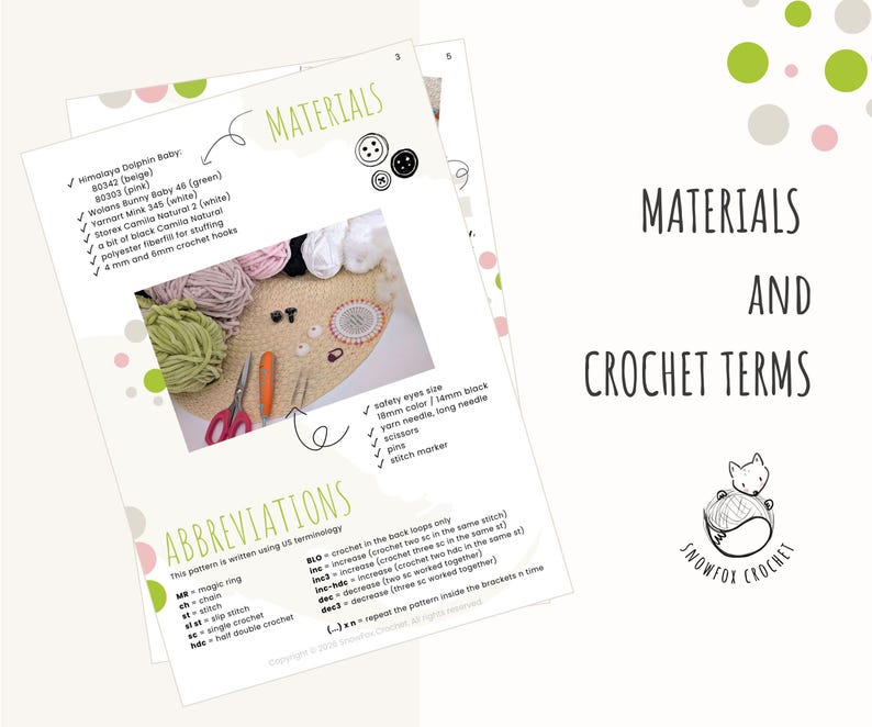 May include: A detailed image of crochet materials and terms. The image features yarn in beige, pink, and green, along with scissors, pins, and crochet hooks. Text includes "Materials and Crochet Terms" and abbreviations for crochet techniques.