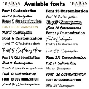 May include: A white background displays a list of 28 font styles for customisation. The text "Available fonts" is at the top, with the brand name "BABAS Trendy Gift Shop". Each font is numbered and labelled "Customisation".