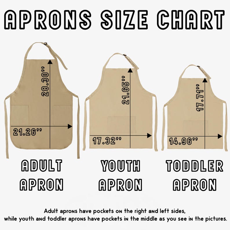 May include: Apron size chart showing adult, youth, and toddler aprons. The adult apron is 71.88 cm long and 53.99 cm wide. The youth apron is 54.99 cm long and 43.99 cm wide. The toddler apron is 44.98 cm long and 37.99 cm wide. Adult aprons have side pockets, while youth and toddler aprons have center pockets.