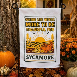 Sycamore Thanksgiving Garden Flag | Fall Harvest Yard Decor | Thankful Autumn Porch Flag | Pumpkin Cornucopia Decor | Handmade Illinois Gift