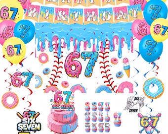 67 Meme Party Decor Complete Kit - Six Seven Donut & Baseball Drip Theme | Banner, Backdrop, Balloons , Serveware for Gen Alpha Teens