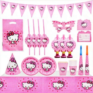 Peut inclure: Ensemble de fournitures de fête roses sur le thème de Hello Kitty. Comprend une bannière, des chapeaux de fête, des assiettes, des gobelets, des pailles, des sifflets, un masque et un sac cadeau. Chaque article est rose et blanc avec des cœurs et des nœuds.