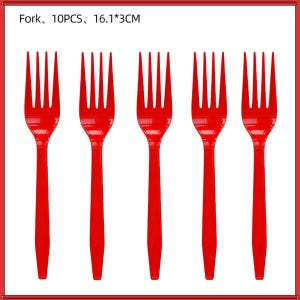 May include: A set of ten bright red plastic forks, each measuring 16.1 by 3 cm. The forks feature a four-tine design with a smooth, solid-colored handle. The text "Fork, 10PCS, 16.1*3CM" is printed in black at the top of the image display.