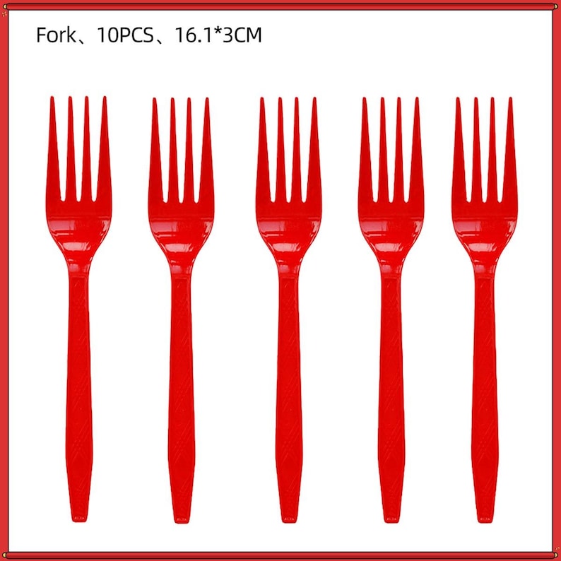May include: A set of ten bright red plastic forks, each measuring 16.1 by 3 cm. The forks feature a four-tine design with a smooth, solid-colored handle. The text "Fork, 10PCS, 16.1*3CM" is printed in black at the top of the image display.