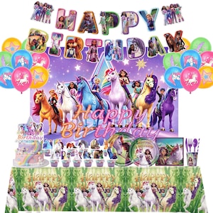 May include: A birthday party decoration set featuring colorful balloons, a backdrop with horses and characters, a cake topper, plates, and a tablecloth. The items display the text Happy Birthday and images of animated characters and horses.
