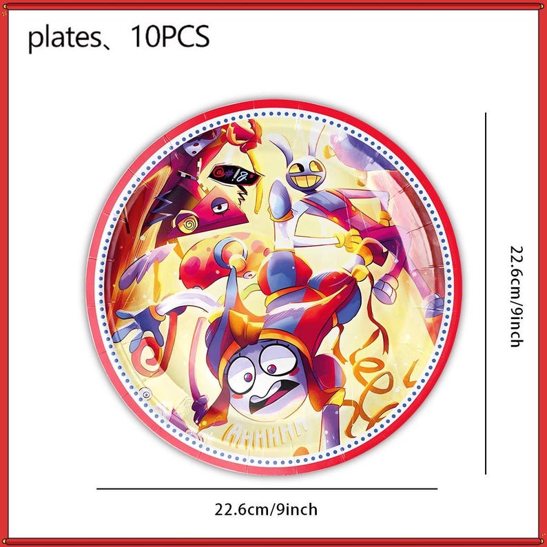 May include: A set of 10 round paper plates featuring a colorful cartoon illustration of jester-like characters. The plates have a red border with blue dots and measure 9 inches in diameter. The text 'plates, 10PCS' is printed at the top.