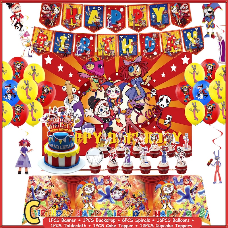 May include: A birthday party decoration set featuring a Happy Birthday banner, a large backdrop, a tablecloth, balloons, and cake toppers. The items display colorful cartoon characters, circus-themed patterns, and the text Happy Birthday.