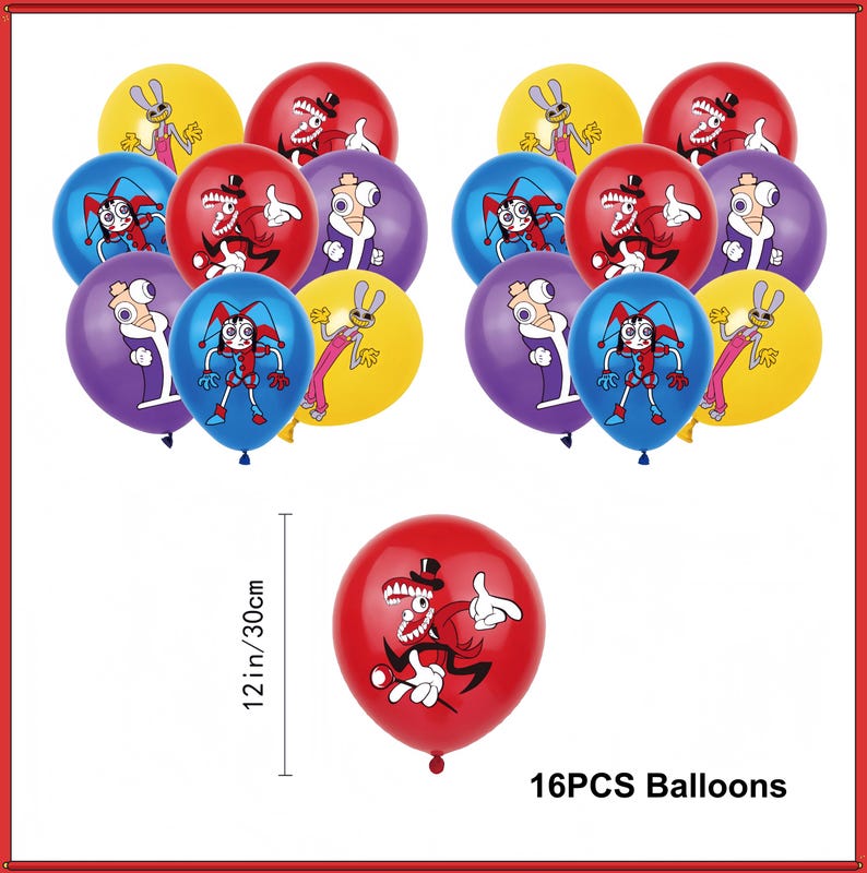 May include: A set of 16 latex balloons in red, yellow, blue, and purple, each featuring printed cartoon characters. One red balloon is shown separately with a measurement line indicating a diameter of 12 inches. The text 16PCS Balloons is visible.