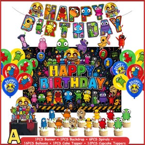 May include: A birthday party decoration set including a Happy Birthday banner, a large backdrop with colorful cartoon characters, 16 balloons, a cake topper, and 12 cupcake toppers. The items feature various monster-like figures and bright colors.
