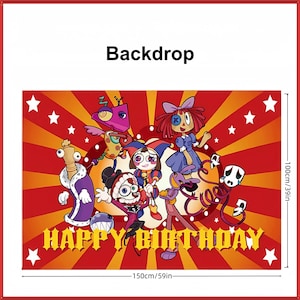 May include: A rectangular backdrop featuring a red and orange sunburst pattern with white stars. The text HAPPY BIRTHDAY is printed in yellow at the bottom. Six cartoon characters are centered, with dimensions marked as 150 inches by 100 inches.