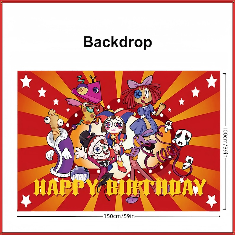 May include: A rectangular backdrop featuring a red and orange sunburst pattern with white stars. The text HAPPY BIRTHDAY is printed in yellow at the bottom. Six cartoon characters are centered, with dimensions marked as 150 inches by 100 inches.