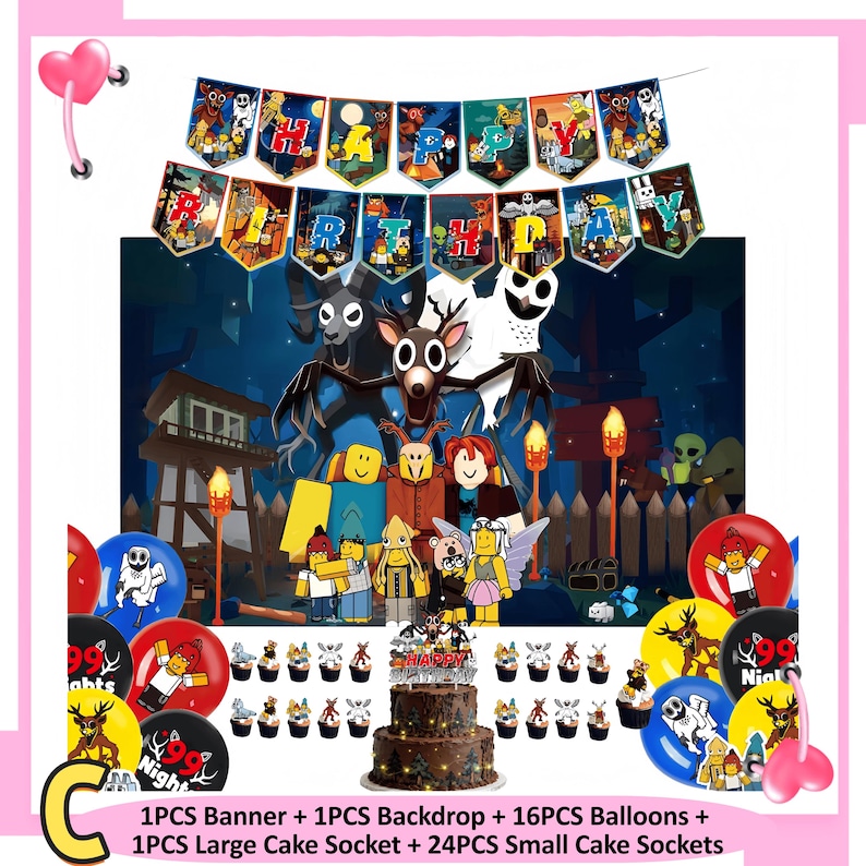 99 Nights in the Forest Birthday Party Decor Set | Banner, Backdrop, Balloons, Cake Topper & Tableware | Magical Kids Gamer Party Supplies Set C