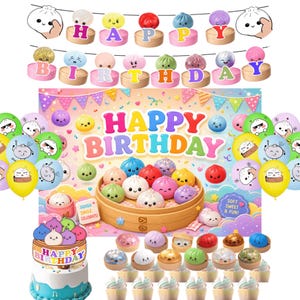 Cute Squishy Birthday Party Decorations, Kawaii Dumpling Backdrop Banner Balloons, Mochi Cake Topper & Cupcake Toppers