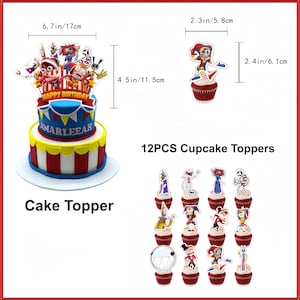 May include: A cake topper and 12 cupcake toppers featuring cartoon characters. The cake topper measures 6.7 inches wide by 4.5 inches high. Each cupcake topper measures 2.3 inches wide by 2.4 inches high. The set includes various colorful character designs.