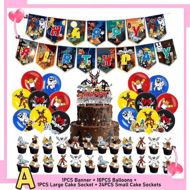 99 Nights in the Forest Birthday Party Decor Set | Banner, Backdrop, Balloons, Cake Topper & Tableware | Magical Kids Gamer Party Supplies Set A