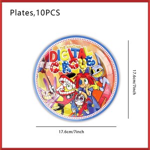 May include: A set of 10 round paper plates featuring The Amazing Digital Circus graphic print with colorful cartoon characters. Each plate measures 7 inches in diameter, with a blue border and red dotted trim against a yellow background.